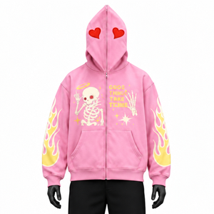 Custom Graphic Full Zip <b>Hoodie</b> Unisex Oversized Streetwear <b>Skeleton</b> Flame Print Cotton Sweatshirt Wholesale - Product Image 1