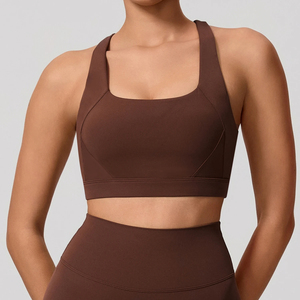 Soutien-gorge de sport pour femme, couleur unie, col carré, dos nu, maintien élevé, respirant, séchage rapide, sans coutures, avec logo frontal - Product Image 5