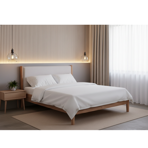 Cama de Madera de Mediados de Siglo con Cabecera Tapizada, Tamaño King, Diseño Moderno y Lujoso, Color Natural, para Uso en Hogar y Hoteles - Product Image 2