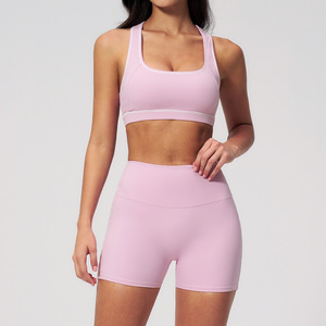 Yoga <b>Set</b> 2 Piece High Waist Crop Top Shorts Solid Color Racerback <b>Square</b> Neck Sport Wear for Women - Product Image 1