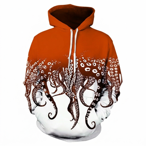 Vente en gros de sweats à capuche tendance pour hommes, personnalisés, imprimés en sublimation avec un motif d'octopus orange et blanc, respirants, à séchage rapide, sweats à capuche d'hiver, service OEM - Product Image 1