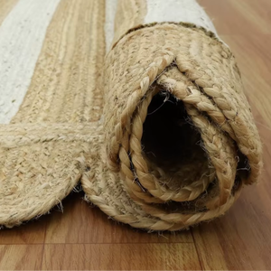 Handmade Natural Jute Striped <b>Rug</b> with Scalloped Border Eco-Friendly <b>Boho</b> Area Carpet Medium Pile Jute Backing - Product Image 4