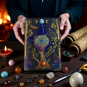 Diario de hechizos de cuero para brujas Wiccanas, cosido a mano, con pentáculo impreso, diseño de árbol de la vida y luna, diario de regalo, libro de tapa dura - Product Image 3