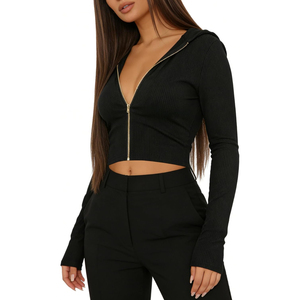 Haut court à capuche en maille noire pour femme, manches longues, fermeture éclair, couleur unie, respirant, pour l'automne, pull à manches longues OEM ODM - Product Image 4