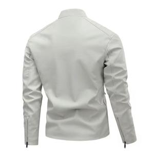 Chaqueta de Motociclista de Cuero Genuino Blanca para Hombre, Cuello Alto, Cierre de Cremallera, Corte Ajustado, Resistente al Viento, Estilo Motero, Cierre Frontal Regular - Product Image 2