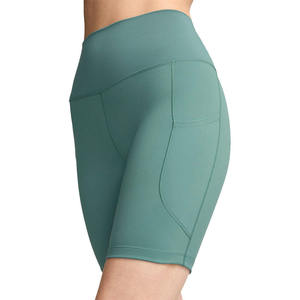 Shorts de yoga taille haute à découpes, vert uni, en Spandex/Nylon, extensible dans quatre directions, taille élastique, poches, nouveau design - Product Image 3