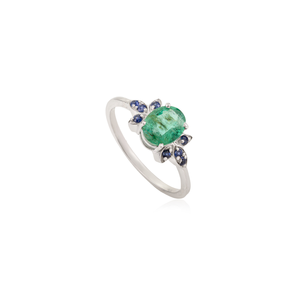 Classy Floral Cluster Oval Cut Natural <b>Emerald</b> & Round Blue Sapphire Prong Setting Minimal 925 Sterling <b>Silver</b> <b>Ring</b> for Women's - Product Image 3