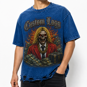 T-shirt Homme Bleu Oversize avec Motif Crâne et Argent, 100% Coton, Impression DTG, Style Streetwear Vieilli, Grammage Lourd, Gothique, Décontracté, Coupe Boxy - Product Image 2