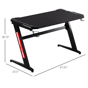 Scrivania da Gaming a Forma di Z Nera con LED, Struttura in Metallo e MDF, Copertura Angolare, Portabicchieri e Gancio per Cuffie per Sala Giochi - Product Image 3
