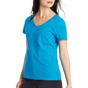 T-shirt décontracté pour femme à manches courtes, col en V, coupe classique, teinture unie, anti-boulochage, respirant, logo personnalisable, été, 100% coton - Product Image 1