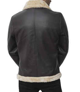 Blouson aviateur en cuir véritable marron pour homme, col rabattu, fermeture éclair, doublure en fausse fourrure, style motard hiver - Product Image 2