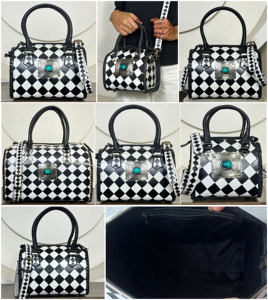 Sac Speedy personnalisé 2026 en cuir de vachette véritable fait main avec concho turquoise et motif à carreaux de créateur, unisexe - Product Image 3