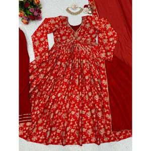 DISEÑADOR MUSELINA SEDA HECHO A MANO IMPRESO DIGITAL ALIA CUT GOWN BOTTOM CON DUPATTA ROJO - Product Image 2