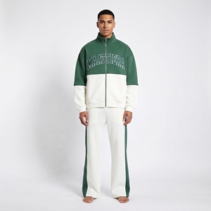 <b>Mens</b> Green <b>White</b> Color Block Tracksuit Set Zip Up <b>Jacket</b> Wide Leg Pants Custom Streetwear Sportswear Matching Outfit - Product Image 1