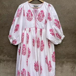 2026 Hot Selling Casual Style Hand Block Printed V-neck Long Sleeve Maxi Dress 100% Cotton Indian <b>Tunics</b> for Women - Product Image 1