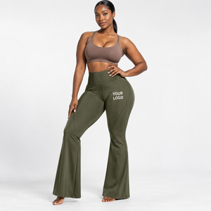 High Waist Flared Leg <b>Yoga</b> <b>Pants</b> Solid Color <b>Plus</b> <b>Size</b> Women Activewear Elastic Waist Full Length With Logo Print Right Leg - Product Image 5