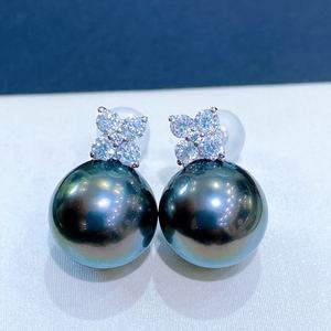 18K Gold-Inlaid Peacock Green Freshwater Pearl Earrings 9-10mm Round with <b>Strong</b> Light Versatile Commuting & Fashion Gift <b>Box</b> - Product Image 1