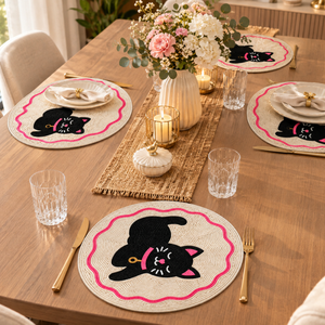 Cat <b>Placemat</b> <b>Round</b> Beaded Table Mat Handmade Glass Bead Dining Decor Reusable Pet Lover Table Protection | Cute Cat Design mats - Product Image 3