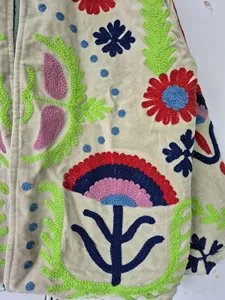 Ethnic Beige <b>Velvet</b> Suzani Floral Embroidered Jacket Full Sleeve Stand Collar Handmade Soft <b>Women's</b> Winter <b>Coat</b> - Product Image 6