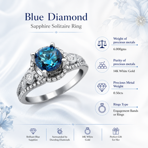 Anillo Solitario de Diamante Azul y Zafiro de 1.50TCW con Halo de Oro Blanco de 14K |   Anillo de Compromiso, Joyería Fina, Regalo de Lujo para Mujer - Product Image 5