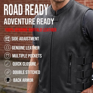 Custom <b>Men's</b> Genuine Cowhide <b>Leather</b> Motorcycle Biker Vest Stand Collar Side Adjustable Straps Premium Riding <b>Waistcoat</b> - Product Image 4
