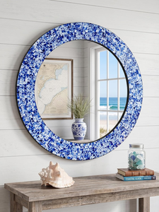 Handcrafted Blue White Mosaic Round <b>Wall</b> <b>Mirror</b> Coastal Nautical Style Decorative Accent <b>Mirror</b> for <b>Living</b> <b>Room</b> Bedroom Bathroom - Product Image 1