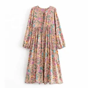 Soft cotton-rayon fabric and long sleeves bohemian midi dress with ankles just above loose style female dress