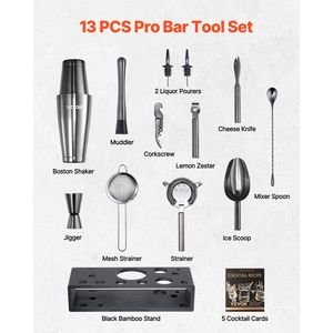 Juego de Coctelería de Acero Inoxidable de 13 Piezas con Soporte de Bambú, Kit de Barman Boston que Incluye Cuchara Mezcladora, Mortero, Jigger - Product Image 2