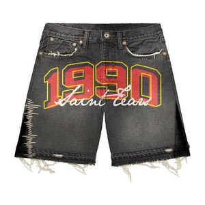 Shorts en jean déchirés pour hommes, style streetwear, avec appliques brodées personnalisées, ourlet brut, effet usé et délavé à l'acide - Product Image 6