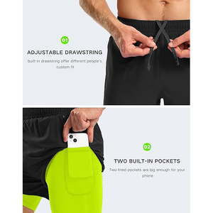 Men's <b>Black</b> Neon Green Color Blocked Breathable Quick Dry 100% Cotton Sport Shorts with Elastic Waist Side Pockets Mid Length - Product Image 5