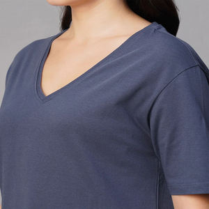 Women V-Neck T-Shirt Solid Color 100% Cotton Casual Knitted Breathable Regular Fit Short Sleeve All Seasons - Product Image 4