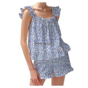 Ensembles de pyjama short pour femmes imprimé de logo personnalisé printemps/été ensemble de pyjama à bretelles ajustées à volants et à manches - Product Image 2