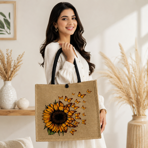 Bolsa de Yute de Lujo para Mujer con Estampado de Mariposas y Girasoles, Reutilizable, Ecológica, Ligera, Estilo Boho Chic, de Doble Asa para Compras - Product Image 3