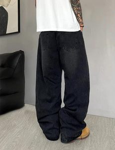 New Fashion Custom Streetwear Canvas <b>Button</b> <b>Fly</b> Straight Knitted <b>Jeans</b> Men Distressed Faded Oversized Hip Hop - Product Image 4