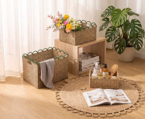 BOTANICAL TRIM Eco-Friendly Rustic <b>Rectangle</b> Green Scallop Woven <b>Storage</b> <b>Basket</b> Set Organizer Box for Entryway - Product Image 5