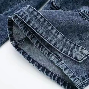 Pantalon cargo d'été pour femme, taille haute, en denim uni, coupe ample, longueur intégrale, style utilitaire, plusieurs poches, fermeture boutonnée, délavé à la pierre - Product Image 5