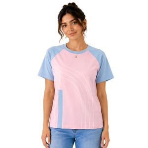 Camiseta Raglán Rosa y Azul Cielo para Mujer, Diseño de Bloques de Color con Estampado de Líneas Abstractas, Cuello Redondo, Manga Corta, Poliéster y Algodón, Informal, OEM - Product Image 1