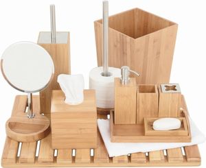 Ensemble de salle de bain décoratif en bois avec porte-savon, porte-brosse à dents, boîte à mouchoirs et accessoires de rangement - Product Image 1