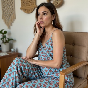 Ensemble de salon à fleurs vertes et blanches pour femmes en coton doux avec pyjama à jambes larges et camisole faits à la main par des artisans en Inde - Product Image 5