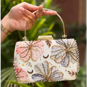 Butterfly Pearl Beaded Box Clutch <b>for</b> Women | Ivory Statement <b>Handbag</b> with Metal Handle <b>for</b> <b>Wedding</b> Celebrations and Party Event - Product Image 2