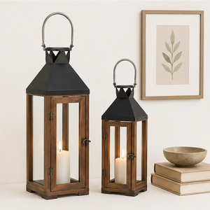 Farol de Vela Grande Rústico de Madera y Metal, Farol Decorativo Colgante para Centro de Mesa de Boda, Decoración del Hogar e Interior - Product Image 2