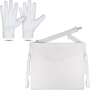Delantal Blanco de Cuero Sintético para Aprendiz Masónico 14x16 con Borlas y Guantes Grandes de Algodón Bordado - Product Image 4