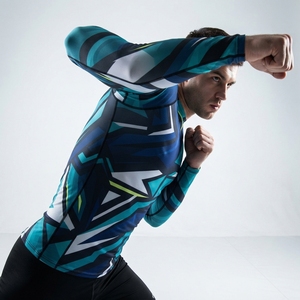 Men Long Sleeve Rash Guard Full Print Sublimation Quick Dry Polyester <b>Compression</b> <b>Shirt</b> Blue <b>White</b> Pattern Adult Sport Top - Product Image 3