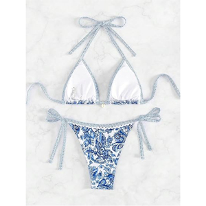 Print Bikini Set Sexy Halter Neck Triangle Top Side Tie <b>Thong</b> Bottom Two Piece Swimwear <b>Swimsuit</b> - Product Image 2
