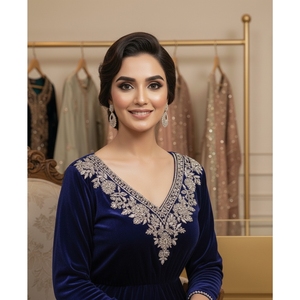 Luxury Hand-Embroidered Shimmering <b>Sequined</b> Pure Velvet Dazzling Blue Floor-Length <b>Kaftan</b>-Custom Colors Party Modest Evening - Product Image 6