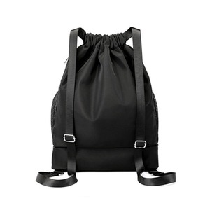 Unisex <b>black</b> drawstring <b>backpack</b> Mesh side pockets for storage Zippered bottom compartment Outdoor sports casual use - Product Image 3