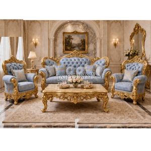 Maharani Palace Style <b>Sofa</b> <b>Set</b> for Luxury Villas Top Quality Blue Tufted Velvet 5 Seater <b>Sofa</b> Rococo Style Living Room Furniture - Product Image 1
