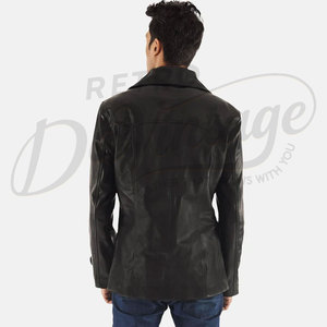 Blazer en cuir véritable noir pour homme, coupe classique ajustée, veste en cuir décontractée pour affaires, élégante, en peau de mouton souple - Product Image 2