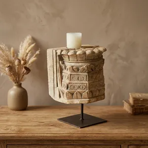 Porte-bougie en bois ancien sur support en fer, sculpté à la main, décoration rustique pour jardin, table, entrée, salon, chambre, salle à manger - Product Image 5