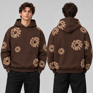 Sweats à capuche bleu roi imprimés en relief avec fleurs blanches en relief, commandes en gros, faible MOQ, fourniture directe usine, motifs personnalisés, poignets côtelés, manches longues - Product Image 3
